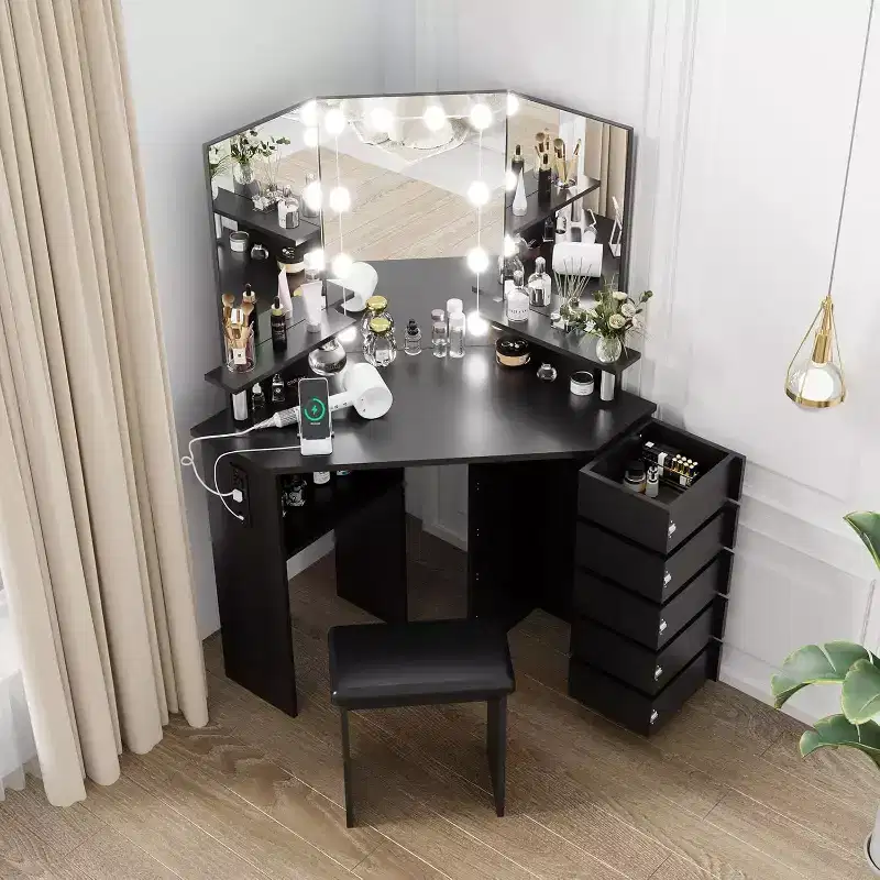 Acekool Corner Vanity Desk with Mirror, 5 Rotating Drawers, Power Outlets, Adjustable Lighting, Shelves & Stool for Bedroom, Makeup Dressing Table