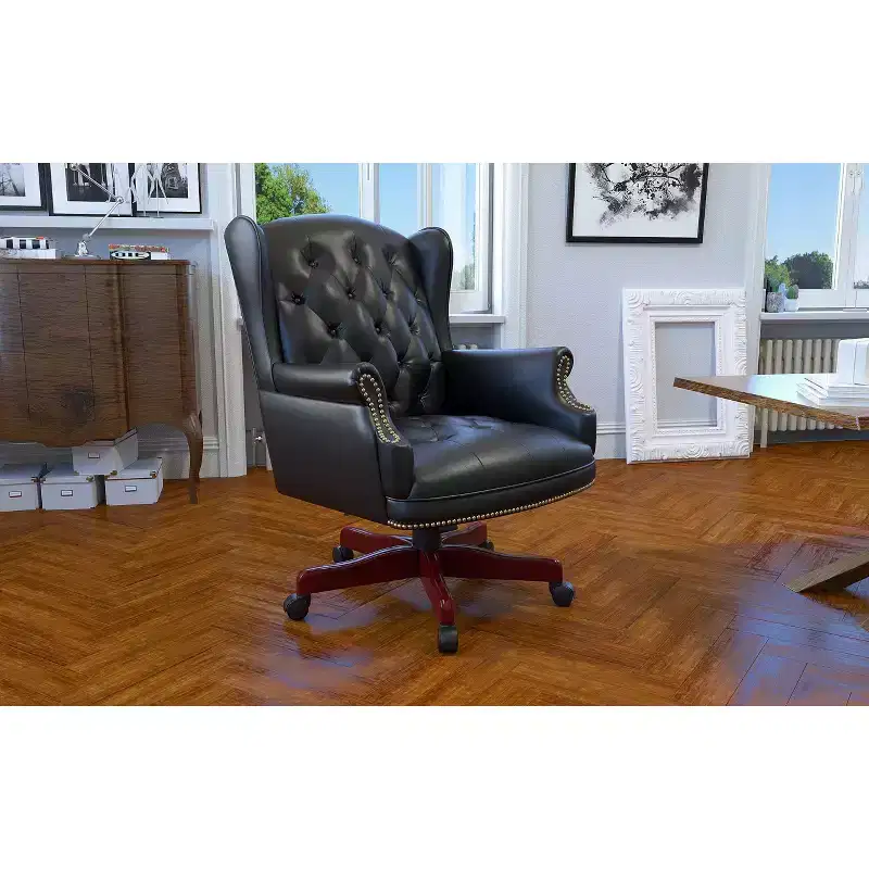 Wingback Traditional Chair Black: Elegant Mahogany, Tufted, Pneumatic Lift