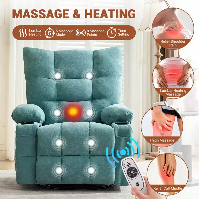Swivel Rocker Recliner Chair with Heat & Massage - 360 Rocking Lazy Boy Recliner with Cup Holders & Side Pocket - Ergonomic Single Sofa, Blue