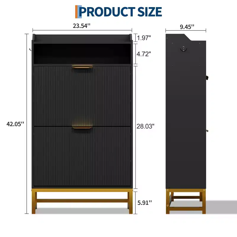 GustoWave Shoe Cabinet with 2 Flip Drawers, Freestanding Narrow Shoe Storage Organizer for Entryway, Wooden Hidden Slim with Open Storage