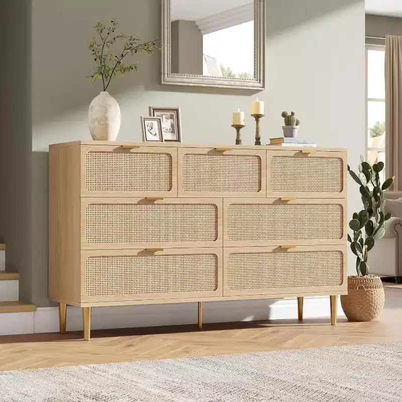Rattan 7 Drawer Dressers for Bedroom, Tall Dresser with Deep Drawers, Large Chest of Drawers for Closet with Wide Top, Wooden Dresser for Living Room