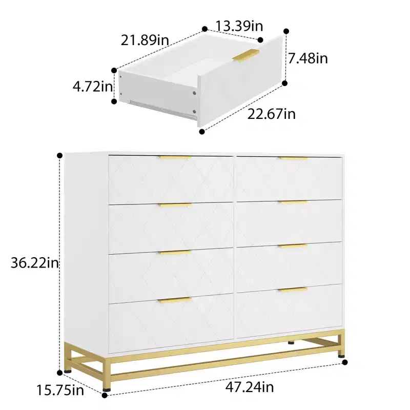 8 Drawer Dresser for Bedroom, Wooden Dresser with Metal Handles and 8 Drawers, Wood Chest of Drawers for Home Storage and Organization