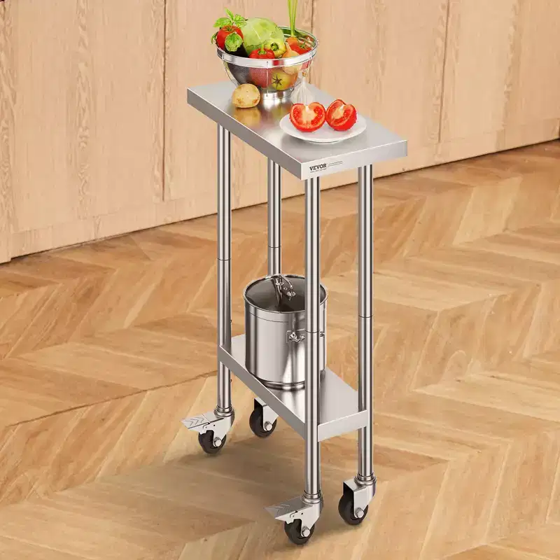 VEVOR Stainless Steel Work Table 24 x 12 x 38 Inch, 500 LBS Load Capacity with 4 Wheels, 3 Adjustable Height Levels, Heavy Duty Food Prep Worktable