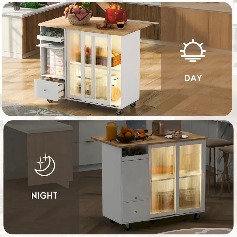 44 in. W Kitchen Island Rubber Wood Drop-Leaf Countertop on 5 Wheels with an Adjustable Shelf and 2 Drawers - 44
