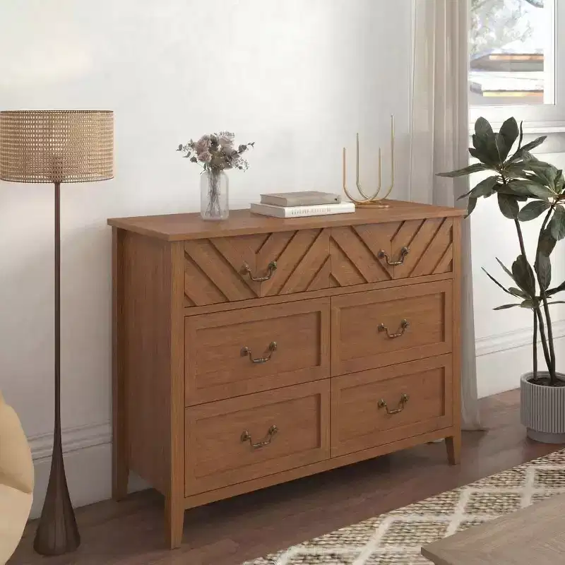 Brown/White 6-Drawer Wood TV Stand with V-Pattern Front, Media Console