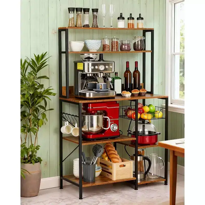 Kitchen Baker's Rack with Power Outlet, 4-Tier Microwave Oven Stand with 6 S-Hooks