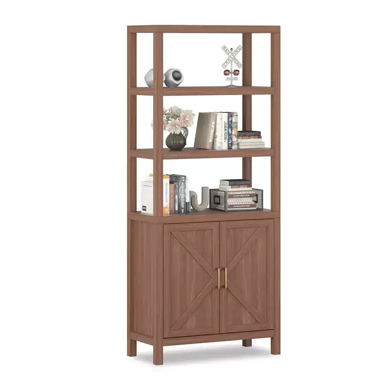 Bookcase with 2 doors, 71 inches high storage cabinet, 5-tier storage rack with adjustable shelves, suitable for living room, home office, bedroom,