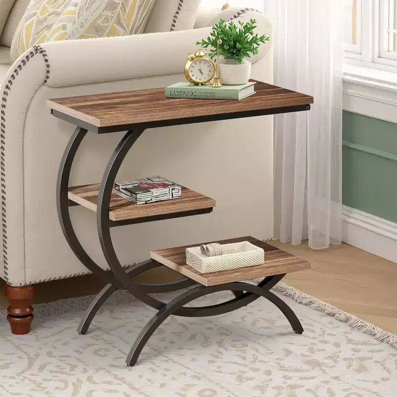 C-Shape End Table 3-Tier, Matte Black Metal Frame with Rustic Brown Top for Living Room
