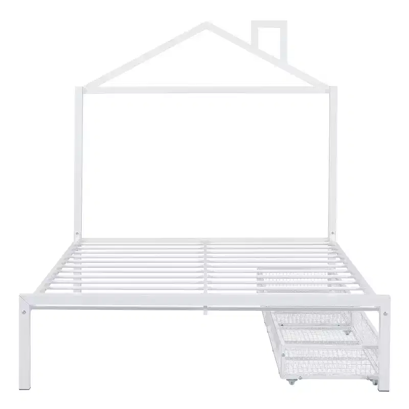 Full Size Kids House Bed with Drawer – Metal Frame, House-Shaped Headboard for Boys & Girls, White