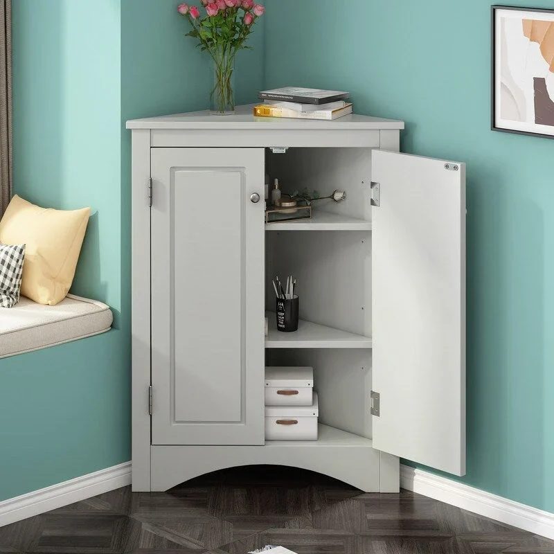 Corner Triangle Bathroom Storage Cabinet with Adjustable Shelves, Freestanding Floor Cabinet, Accent Cabinet for Living Room
