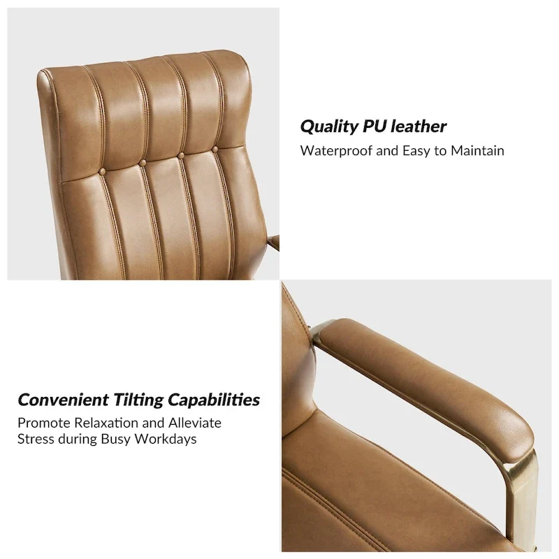 Mid-Century Modern Vegan Leather Swivel Tilting Office Chair with Channel Tufted and Metal Feet