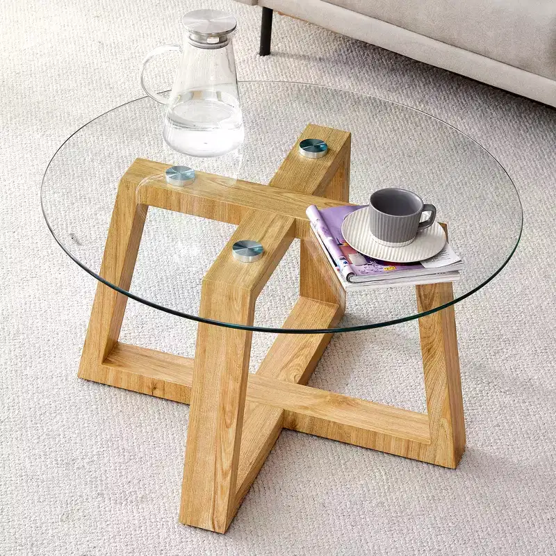 Modern Practical Circular Coffee Tea Tables, With Transparent Tempered Glass Tabletop, Wood Colored MDF Tables For Living Rooms, Bedrooms
