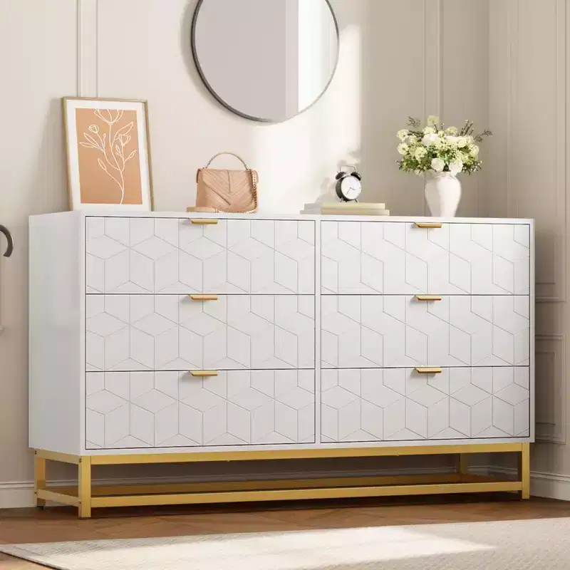 Dresser for Bedroom, 53.5 Large Dresser Organizer, 6 Drawer with Golden Metal Handle and Legs, Modern Chest of Drawers, Dressers with Drawers
