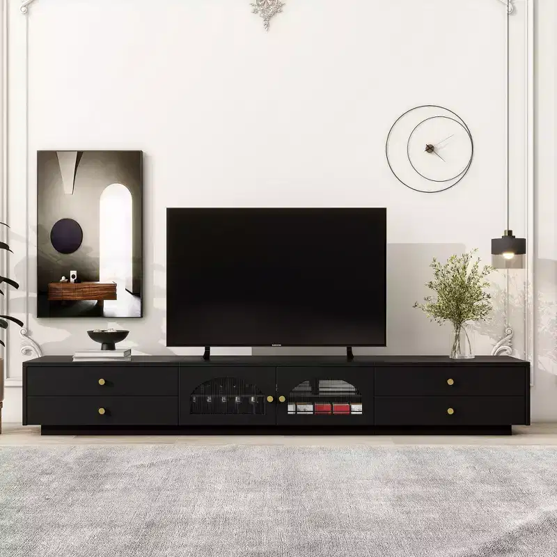 TV Stand for 95 TV, Extra Long Media Console with 2 Doors & 4 Drawers, Large TV Storage Cabinet Entertainment Center with Fluted Glass Doors