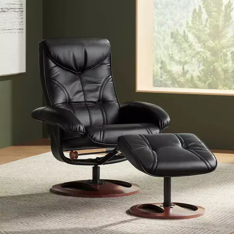 Black Swivel Ottoman Leather Recliner Chair Modern Armchair Ergonomic Manual Reclining Adjustable Bedroom Living Room
