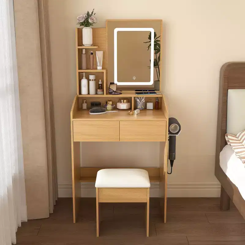 Modern Vanity Table with LED-Illuminated Mirror and Storage