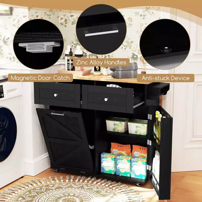 Costway Rolling Kitchen Island Kitchen Island Cart with Drop Leaf Trash Can Cabinet Black/White
