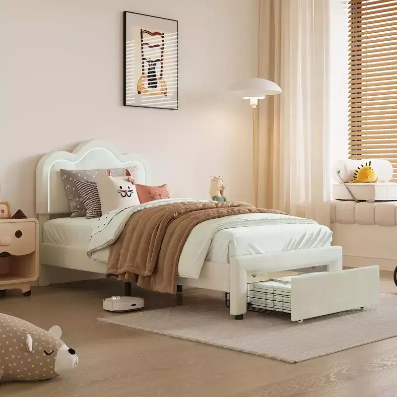 GustoWave Twin Velvet Princess Platform Bed, with Smart LED and Drawer