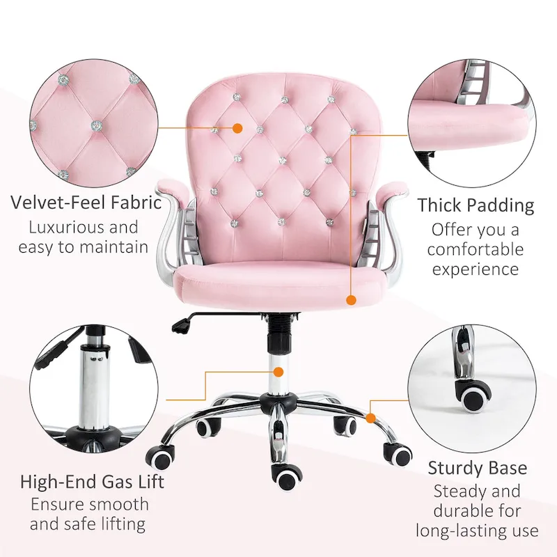 Vanity Middle Back Office Chair Tufted Backrest Swivel Rolling Wheels Task Chair with Height Adjustable Armrests