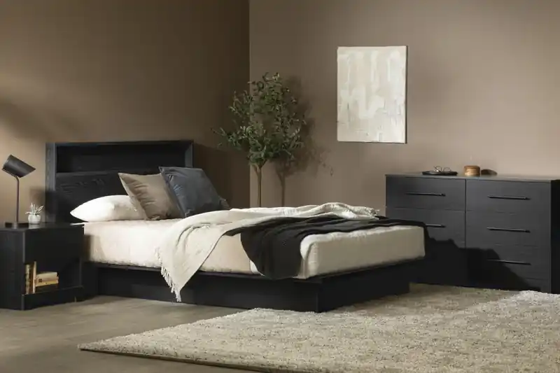 Platform Bed And Headboard Black Oak - Queen Bed