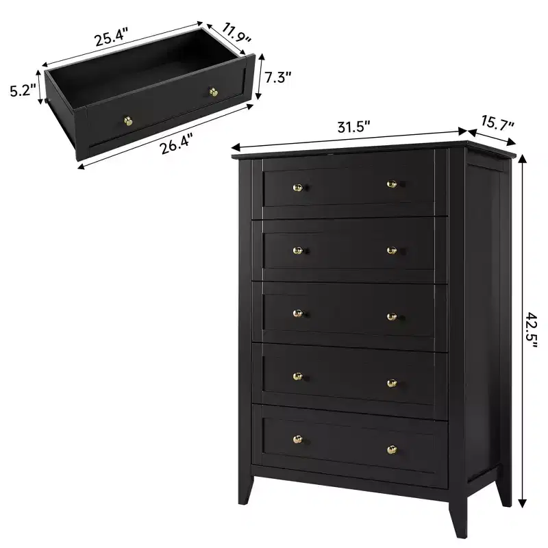 5-Drawer Tall Wooden Dresser, Modern Chest of Drawers with Deep Drawers & Metal Knobs for Bedroom, Entryway & Hallway