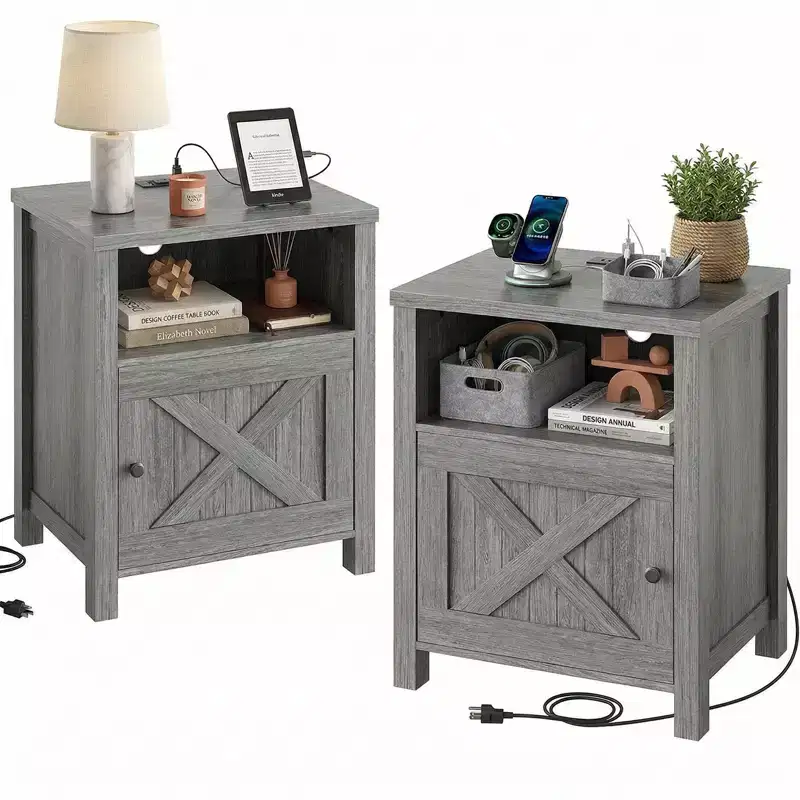 2 PCS Nightstand with Charging Station, Farmhouse Bedside Table with Open Shelf, Enclosed Cabinet, USB Port and AC Outlet, Bedside table with storage