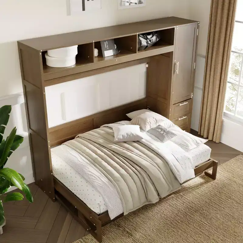 Full Size Wall Murphy Bed with Wardrobe and Storage Shelf Foldable Wall Platform Bed Frame for Bedroom Guest Room, Wood