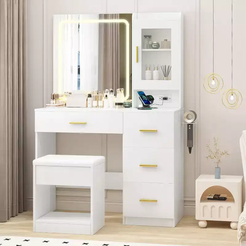 37 Vanity Desk with Adjustable Mirror, 4 Drawers & Single Door, Storage Stool & Hair Dryer Holder
