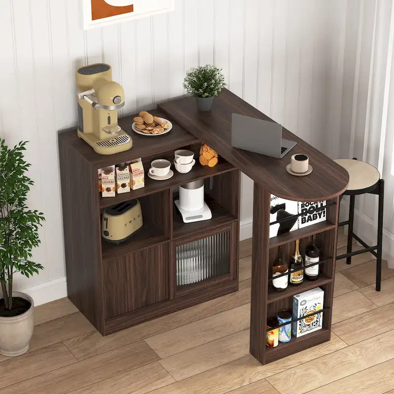 Modern Bar Cabinet with Rotating Top, Counter Height Dining Cabinet with 6 Storage Space and 2 Ribbed Glass Door
