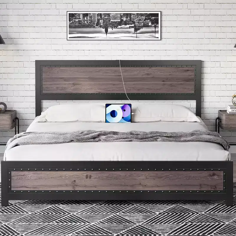 CuisinSmart Metal Bed Frame with Headboard and Footboard, Headboard and Footboard with Rivets, Platform Bed Frame, 10.8''Under Bed Storage
