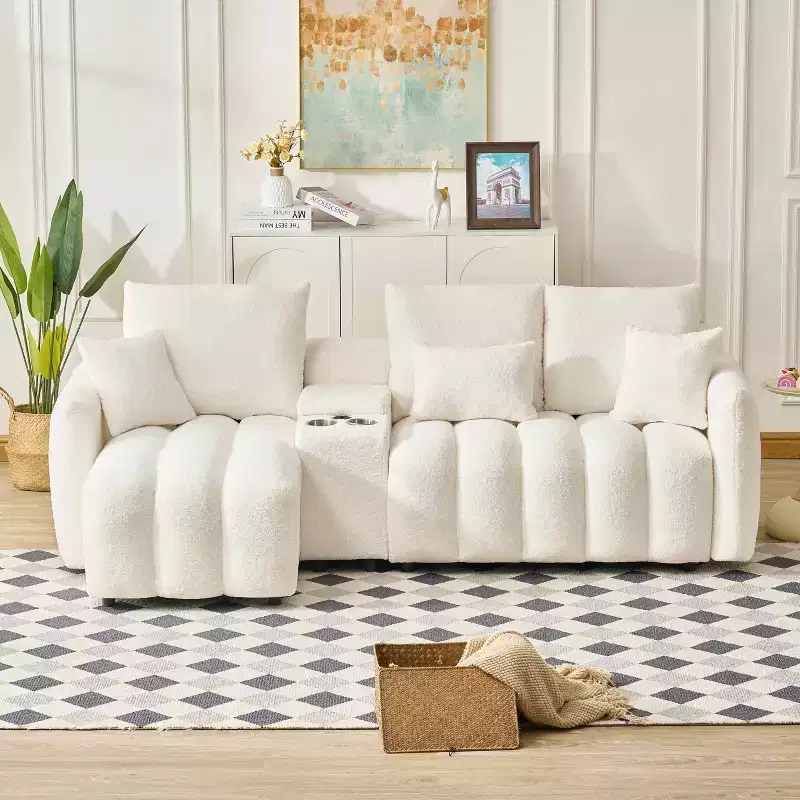 92 inch High Quality Fur Fabric Corner Sofa with Center Console Coffee Table for Living Room Apartments White
