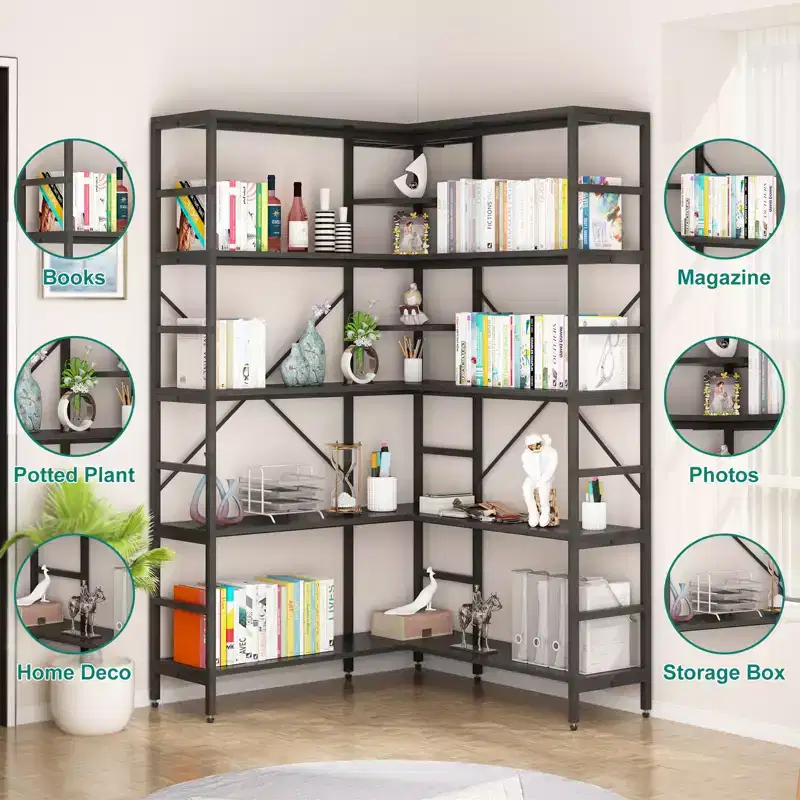 5 Tier Corner Bookshelf, L Shape Tall Bookcase, Industrial Bookshelves, Metal Frame for Bedroom, Living Room, Home, Office