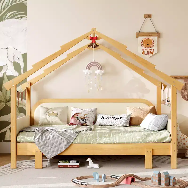 Twin Size Wood Treehouse bed with Soft Cushion Rails,for Kids, Teens, Girls, Boys,White