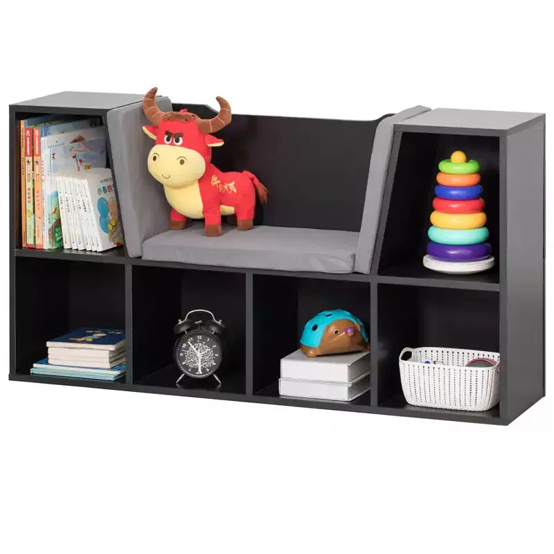 Basicwise Modern Multi-Purpose Bookshelf with Storage Space and Gray Cushioned Reading Nook