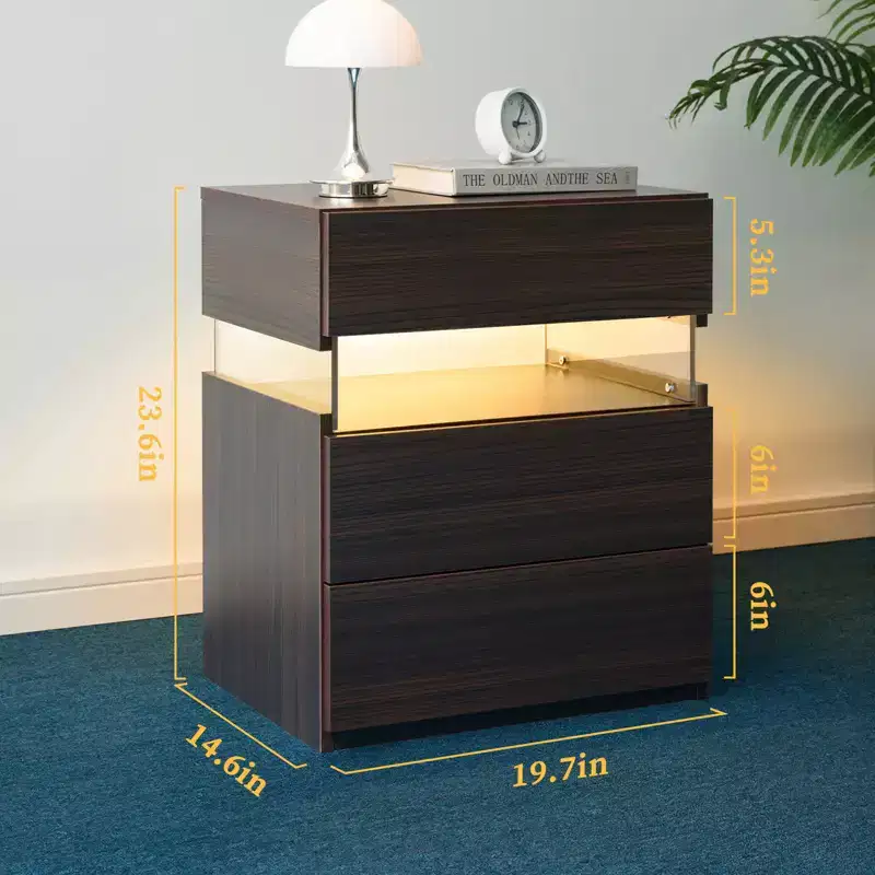 LED Lighted 3-Drawer Nightstand for Bedroom and Living Room