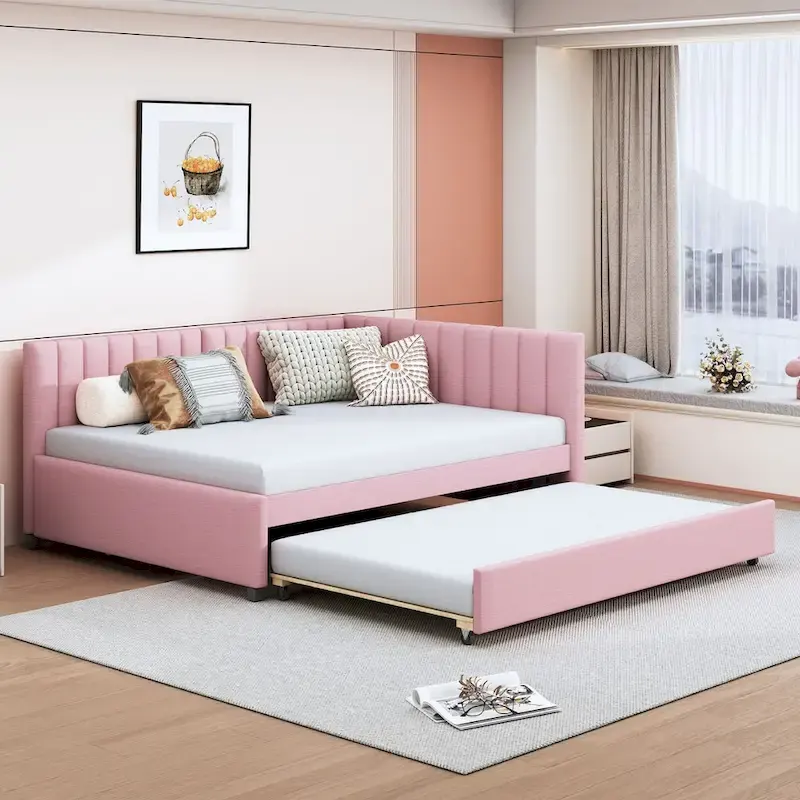 Full Size Upholstered Daybed with Trundle Sofa Bed Frame No Box Spring Needed