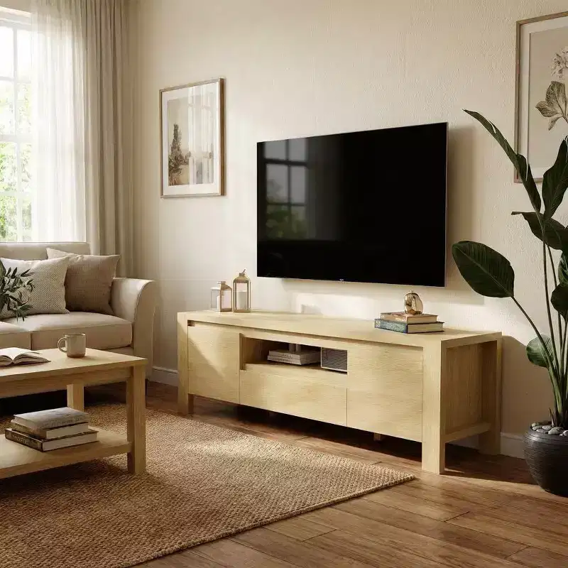 TV Stand with Cable Management - Cabinet Doors & Adjustable Shelves, Multi-Scene Media Console for Living Room & Bedroom
