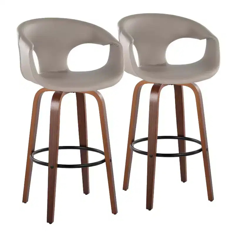 LumiSource Set of 2 Curva Barstools Walnut Wood/Light Gray PU