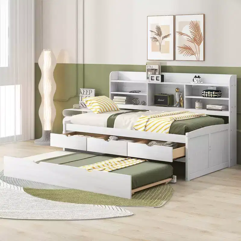 Twin/Full Size Wooden Captain Bed with Built-in Bookshelves, Three Storage Drawers and Trundle