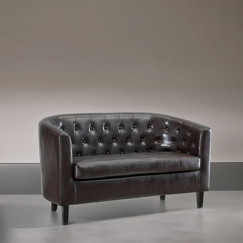 Button Tufted Faux Leather Barrel Loveseat