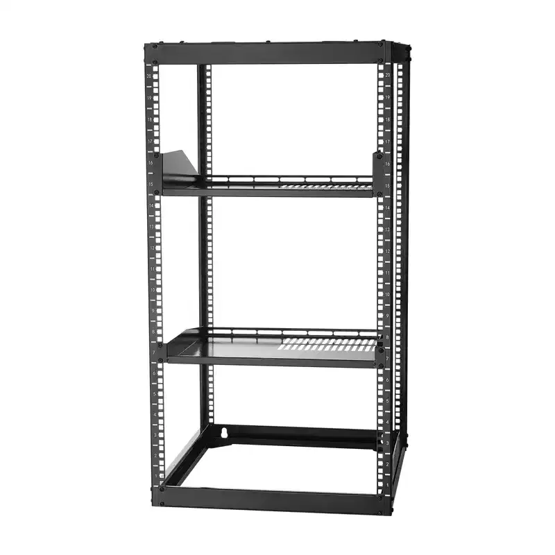 VEVOR 20U Open Frame Network Rack, 23 in Depth, Wall Mounted or Floor Standing Server Rack, Heavy Duty 4 Post, with Vented Shelves, Black