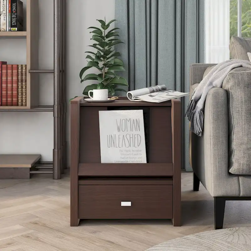 Walnut Side Table with Pull-Out Shelf — 1 Person