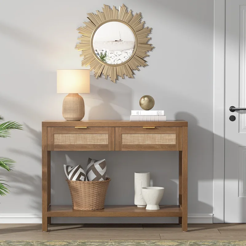 Rattan Console Table with 2 Drawers and Shelves – Modern Boho Entryway Table