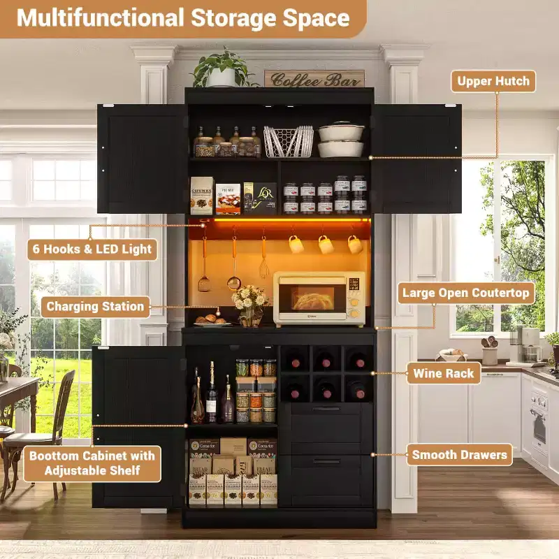Besiost Kitchen Pantry with Charging Station, Cooffee Wine Bar Cabinet