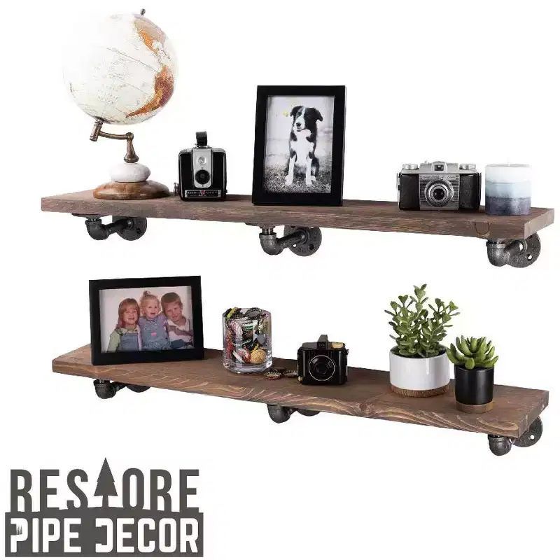 RESTORE Driftwood Tan 36 in. Shelves with L-Shaped Brackets by Pipe Decor