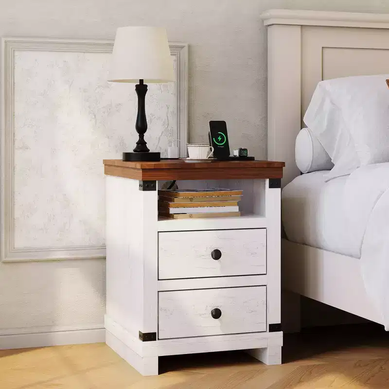 Nightstand with Charging Station, Wooden End Table with USB Ports & Power Outlets, 2 Drawer BedSide Table