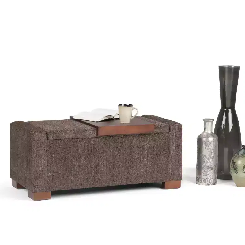 WyndenHall Crosby 43 Wide Transitional Rectangle Storage Ottoman in Deep Umber Brown Polyester Fabric, Assembled