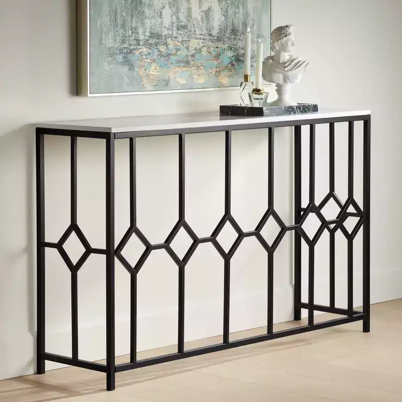55 Downing Street Addy Modern Iron Rectangular Console Table 52 1/4 x 14 Black Geometrical White Stone Tabletop for Living Room