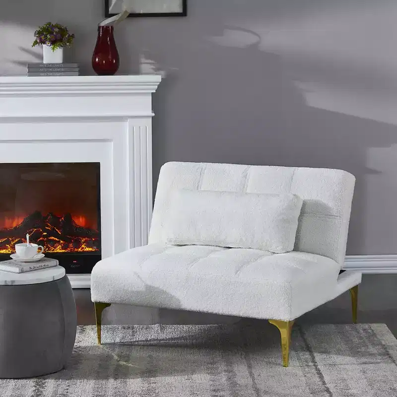 MAYEERTY Comfortable Teddy Fabric Futon Single Sofa Gold Metal Legs, Foam & Spring for Living Room White