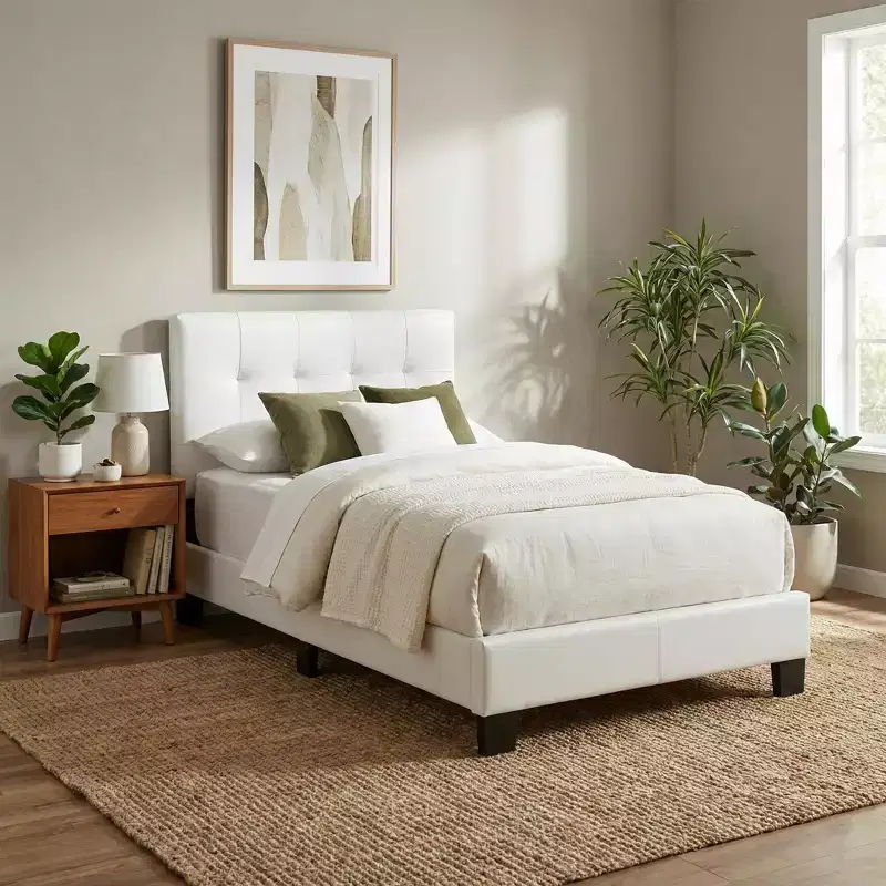 Contemporary Faux Leather Platform Bed Frame with Adjustable Rectangle Headboard, No Box Spring